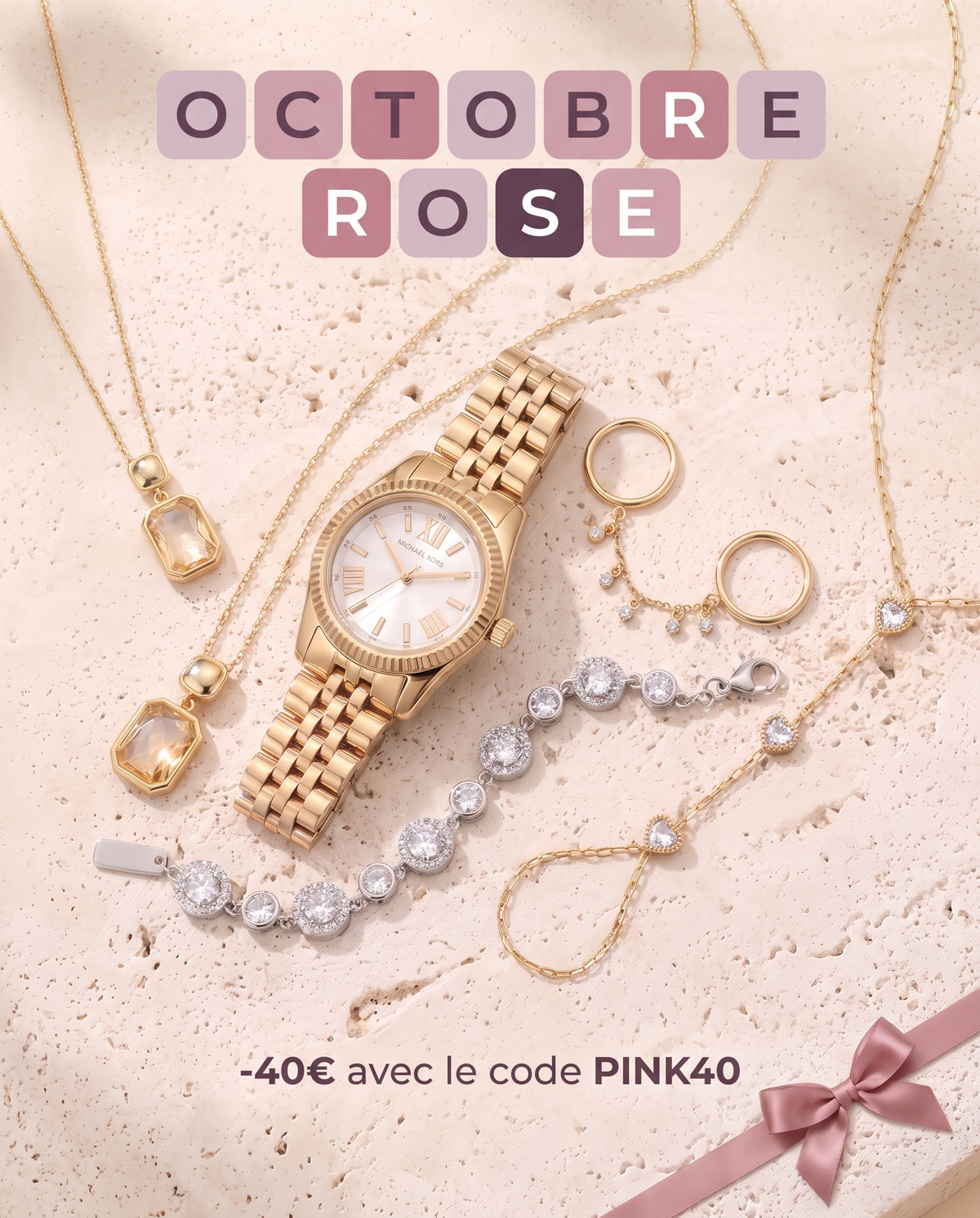 Header Octobre Rose mobile - montre, collier, bague, bracelet, chaine de main - -40 euros code PINK40