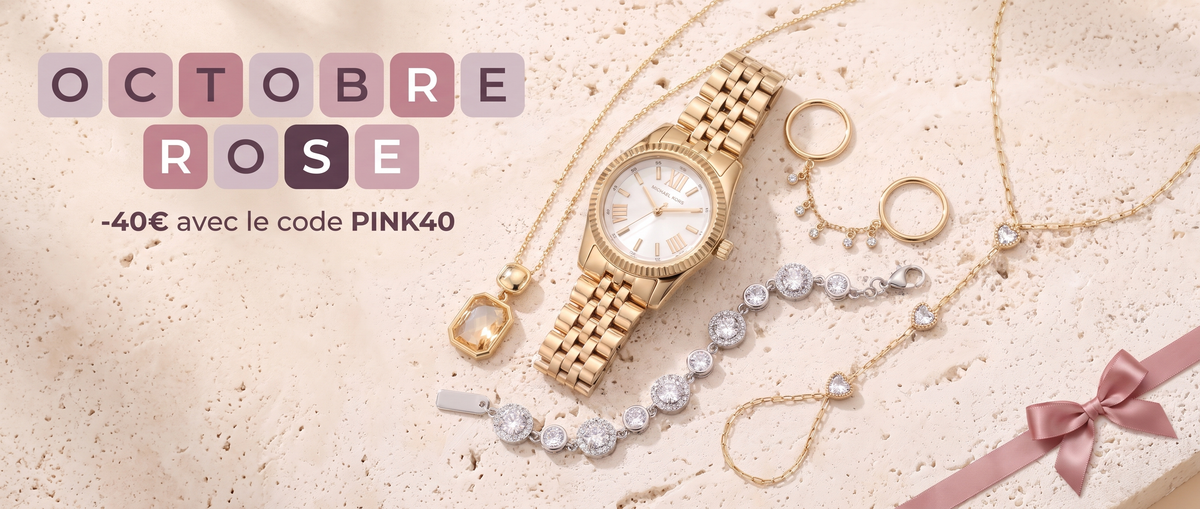 Header Octobre Rose - montre, collier, bague, bracelet, chaine de main - -40 euros code PINK40